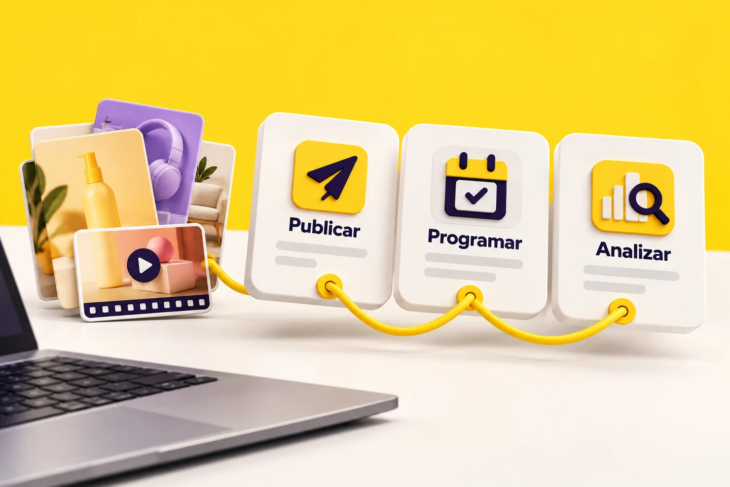 Material publicitario preparado conectado con publicar, programar y analizar